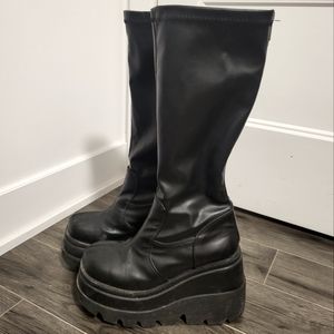 DEMONIA SHAKER-65 BLACK VEGAN LEATHER PLATFORM KNEE HIGH BOOTS ♡